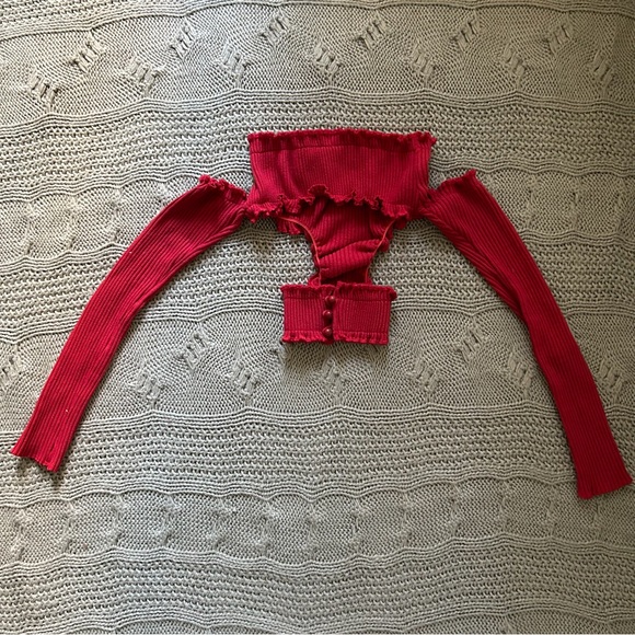 Red Off-Shoulder Ribbed Top - Picture 2 of 2